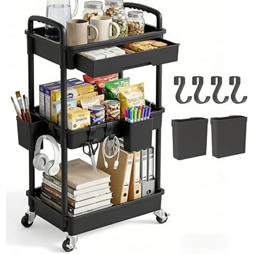3 Tier Rolling Utility Cart with Drawer, Plastic Storage Organizer Rolling Carts with Wheels Handles Hanging Cups Hooks for Office, Bathroom, Kitchen,Craft Art Room (Black)