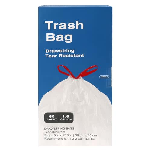 ELPHECO 1.6 Gallon Small Trash Bags 60 Count - For 1.2-2 Gallon Trash Cans, 4.5-8L Drawstring Garbage Bags, Strong Bathroom Trash Bags, Clear Tear free Garbage Bags, 60 Count / 6 Rolls