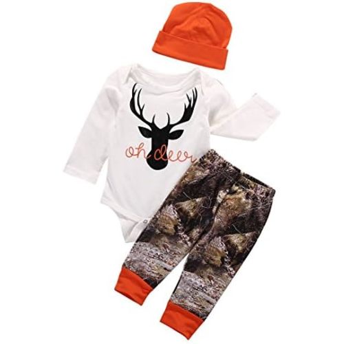 Newborn Baby Boy Letters Deer Romper Camo Pants+Hat 3Pcs Clothes