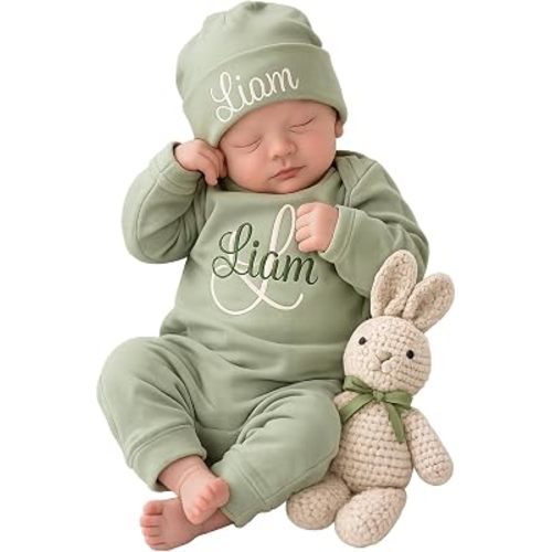Custom Name Baby Romper Bodysuit Set Personalized Embroidery Newborn Coming Home Outfit with Hat, Soft Cotton Infant Sleepwear for Baby Shower Pregnancy Reveal