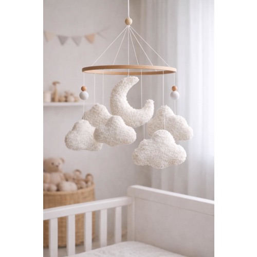 Boucle Cloud Baby Mobile – Neutral Felt Nursery Decor, Handmade Hanging Mobile