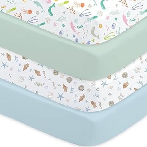 Little Grape Land Crib Sheets, 4-Pack Soft Microfiber Fitted Baby Sheets for Standard Crib and Toddler Mattress, 28x52x8inch, Secure & Breathable Bedding (Ocean World & Shell & Blue & Green)