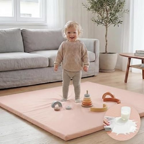 Huloo Sleep Baby Play Mat 50x50 Inches, 1.3" Thick Padded Waterproof Floor Cushion & Playpen Mat with Vegan Leather, Non-Slip & Non-Toxic Nursery Rug for Infants, Toddlers & Kids(Pink)