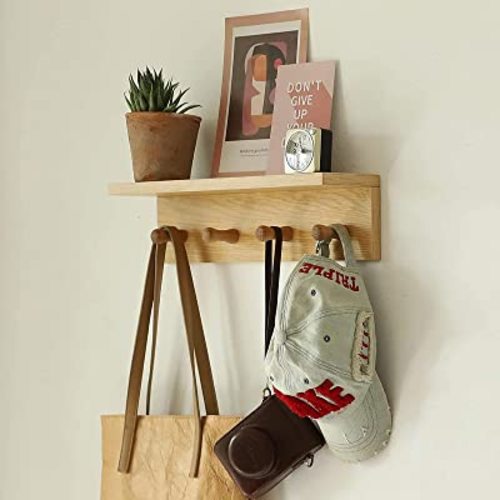 Entrance Coat Rack ,Coat Hooks, Wall-Mounted Wooden Hook Rack, Wall-Mounted Shelves are Very Suitable (Oak Colored Finish-1)