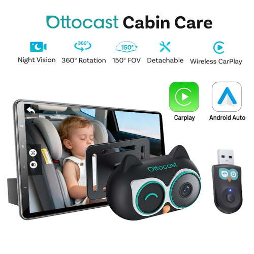 OTTOCAST Cabin Care – 1080P Car Baby Camera with Built‑in CarPlay Dongle, Night Vision, Wireless CarPlay Adapter & Android Auto, 150° Wide Angle