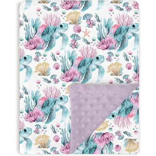 Purple Baby Blankets for Girls 30" x 40", Soft Double Layer Minky Blanket with Dotted Fleece Back, Nursery Bed Receiving Quilt Newborn Infant Toddler Shower Gift Under The Sea Animal Turtle