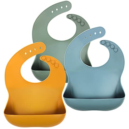 Eascrozn 3 Pack Silicone Bibs for Babies & Toddlers (6-72 months) BPA Free Unisex Soft Adjustable Fit Waterproof Feeding Baby Bibs