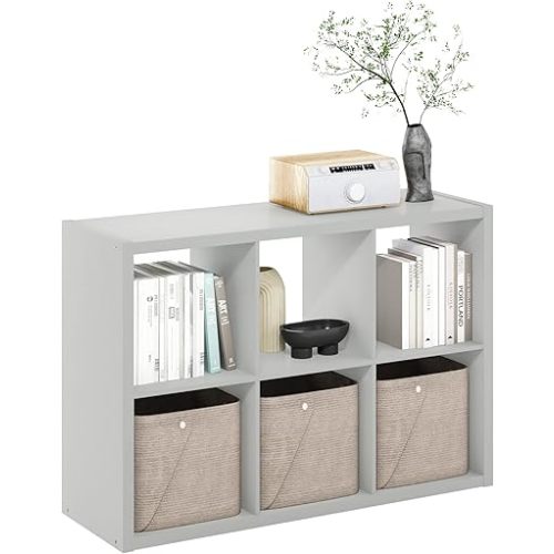 Furinno CUBICLE Book Shelf, 6-Cube Bookshelf, Extra Thick Frame Horizontally & Vertically Reversible Bookcase with Open Back, 14.6" x 44" x 30", for Living Room, Bedroom, Home Office, Light Grey