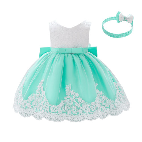 IBTOM CASTLE Baby Girls Formal Dress Lace Bowknot Baptism Embroidery Princess Birthday Wedding Flower Tutu Gown with Headwear 9-12 Months Apple Green