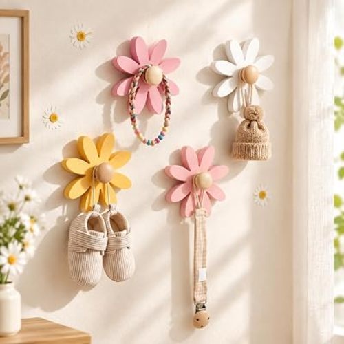 AceOrbit 4 Pcs Cute Daisy Wall Hooks Wooden Flower Coat Hooks Wall Mount