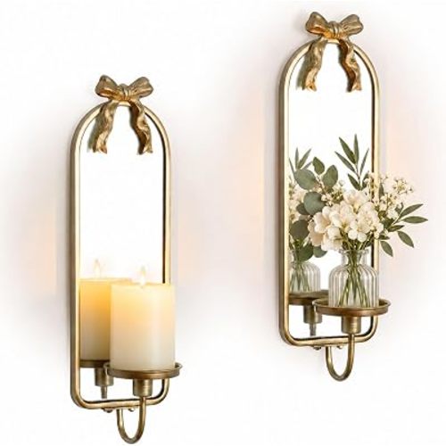 Gold Mirrored Candle Sconces Set of 2 with Arch Metal Frame