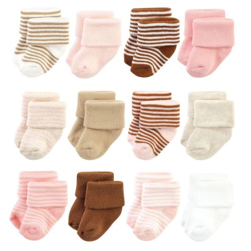 Hudson Baby Infant Girl Cotton Rich Newborn and Terry Socks, Pink Tan Stripe, 0-6 Months