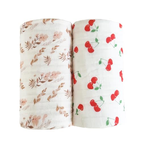 Pack of 2 Ultra Soft Muslin Baby Blankets for Girls Boys Breathable Lightweight Cotton Muslin Swaddle Blankets for Infant Toddler, Newborn Nursery Swaddling Wrap 43"X43" (Floral and Cherry)