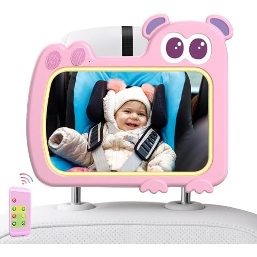 2-in-1 Baby Car Mirror with Lights & Soft Sounds, Cry Detector, Clear Night View, 360° Rotation, Shatterproof, Rear Facing Baby Car Seat Mirror with Remote Control, Perfect Baby Shower Gifts (Pink)