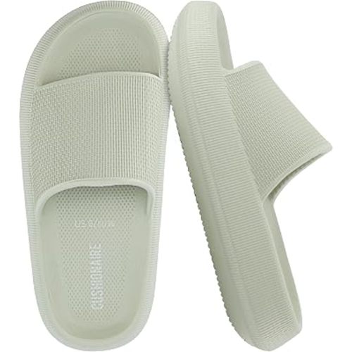 CUSHIONAIRE Feather EVA Slides for Women – Comfortable Slip On Womens Slippers, Indoor Outdoor Shower Shoes, Beach Essential Cloud Slides