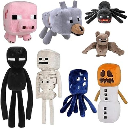 8Pack Snow Golem Plush, Enderman Plush, Baby Wolf, Baby Pig, Spider, bat, Skeleton Shooter, Squid Stuffed Animals Toys,Great Gift for Children and Fans.
