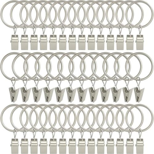 40 Pack Curtain Rings with Clips, Drapery Clips with Rings, Drapes Rings 1.26 in Interior Diameter, Fits up to 1 in Curtain Rod, Matte Silver