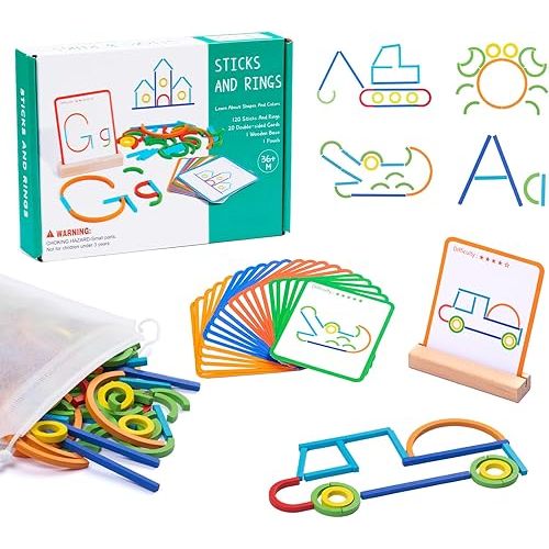 142pcs Wooden Pattern Blocks Montessori Smart Sticks Wooden Tangram Puzzle STEM Toy Activities Preschool Brain Teaser Montessori Toys Gift for 3 4 5 Years Old Kids Boys Girls