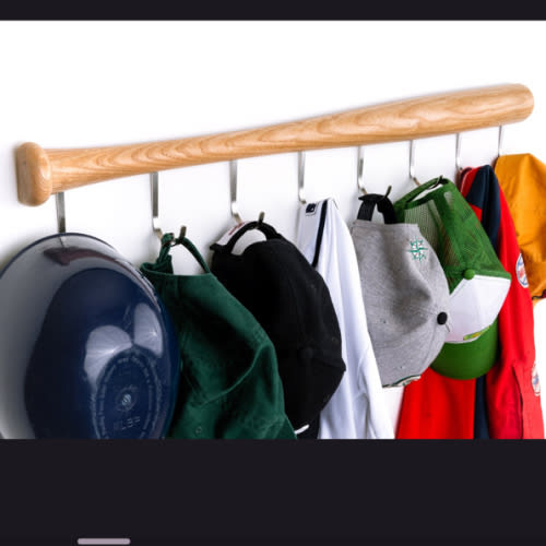 Baseball Bat Hat Rack for Organizing Caps, Coats, Jerseys, Equipment, and more