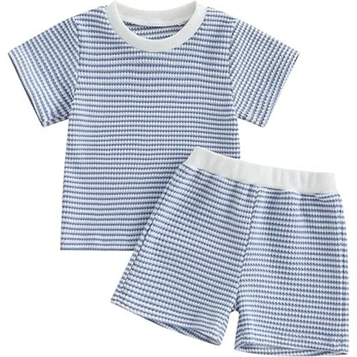 VISGOGO Boy Boy Girls Toddler Summer Outfit Striped T-shirt Toddler Boy Summer Clothes 6 12 18 Months 2 3 4 5 T Short Set