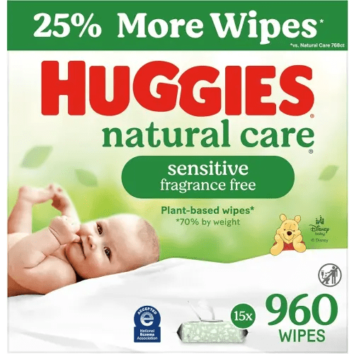 Huggies Natural Care Sensitive Baby Wipes, Unscented, Hypoallergenic, 99% Purified Water, 15 Flip-Top Packs (960 Wipes Total)