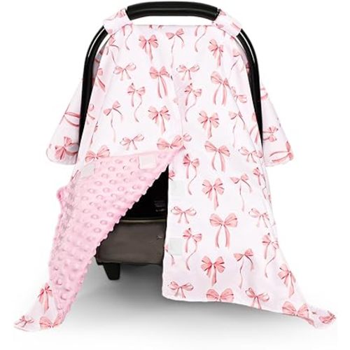 Baby Car Seat Cover, Minky Carseat Cover Baby Girl, Peekaboo Opening Infant Car Seat Cover, Warm Baby Car Seat Canopy for Winter, Pink Bow