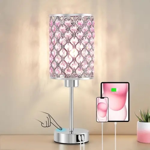 GyroVu Crystal Table Lamp, Pink Touch Lamp with USB C+A Ports, Dimmable Lamp with Crystal Shade, Bedside Lamp Small Lamp for Girl Bedroom, Living Room(Buld Included)