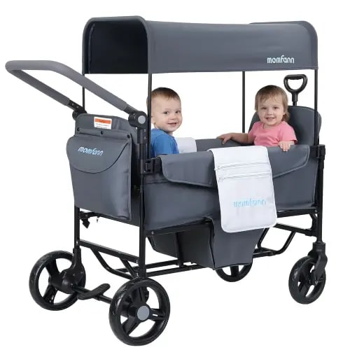 Wagon Stroller for 2 Kids, Foldable All-Terrain Baby Wagon with Adjustable Push & Pull Handle, Removable Canopy, 5-Point Safety Harness and Large Storage Basket - TikTok Shop