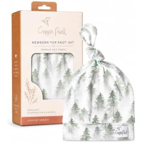 Copper Pearl Baby Beanie Hat Top Knot Stretchy Soft Evergreen