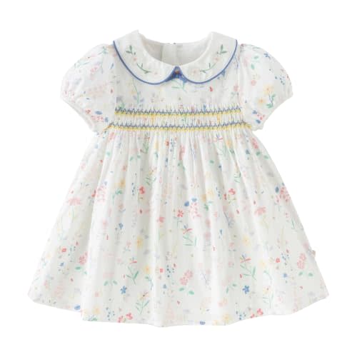 DAVE&BELLA Toddler Baby Girl Smocked Dress Short Puff Sleeve Playwear Dress | Vintage Peter Pan Collar Princess Dress, Floral Embroidery, Cotton Lining, A-line Summer Outfits for Easter, Beach, Dailywear