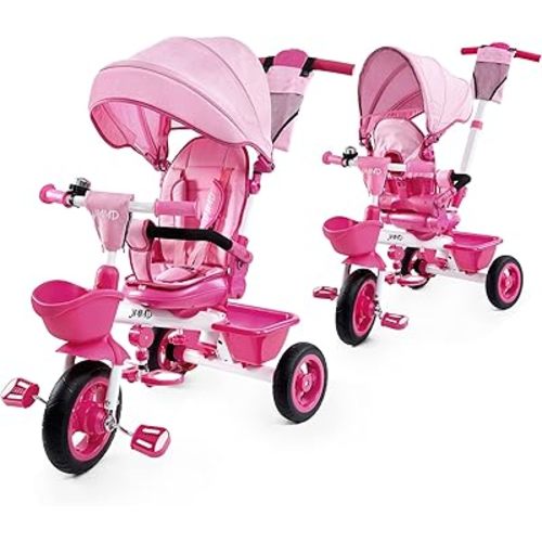 JMMD Baby Trike, 6-in-1 Kids Tricycle with Adjustable Push Handle, Removable Canopy, Safety Harness for 18 Months - 5 Year Old, Pink