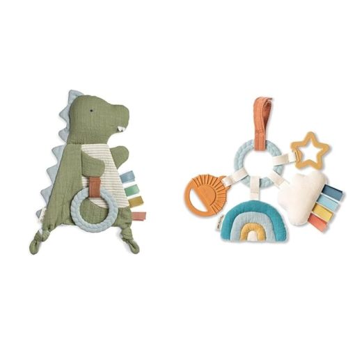 Itzy Ritzy - Bitzy Crinkle Sensory Dinosaur with Crinkle Sound for Babies & Toddlers - Teething Activity Toy with Bitzy Busy Features, Braided Ring and Dangling Toys