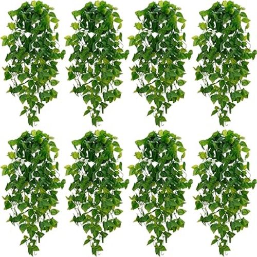 BLEUM CADE Fake Hanging Plants, 8pcs Artificial Pothos Vines Greenery for Wall Home Living Room Office Indoor Outdoor Decor (No Baskets)