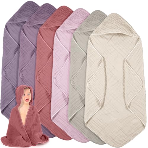 Peryiter 6 Pcs Muslin Hooded Baby Towels, 32"x 32" Cotton Newborn Bath Towel Muslin Infant Baby Blankets Absorbent Unisex Newborn Registry Gift Essentials for Girls Boys (Brown Series)