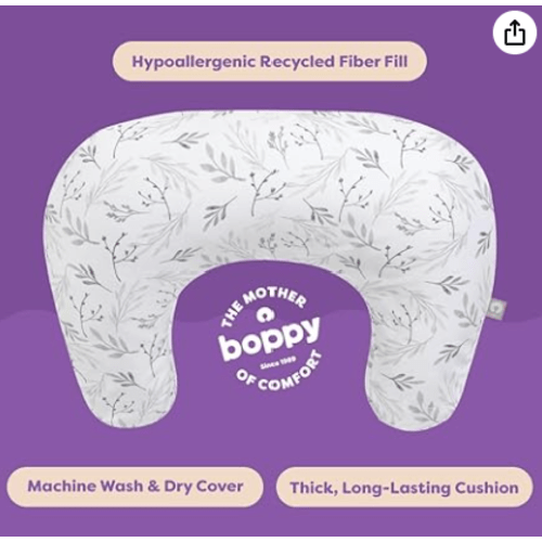 Gray Gentle Leaves - Boppy Nursing Pillow - Firm, Ergonomic U-Shaped Bottle and Breastfeeding Pillow with High Lift for Comfort and Support, Spacious Surface