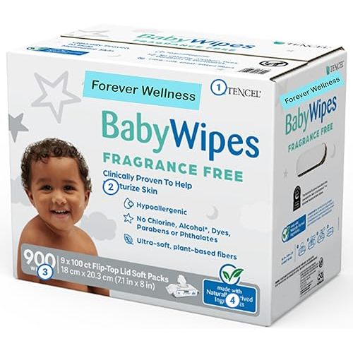 Forever Wellness Baby Wipes Compatible with Kirkland Signature Baby Wipes Fragrance and Alcohol Free, 900-count, Hypoallergenic, Flip-Top Lid Soft Packs.