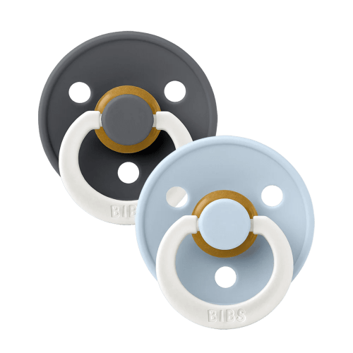 BIBS Colour Glow in The Dark Latex Pacifier Size 1, 0,6 Months, Iron /Baby Blue, 2 Pack