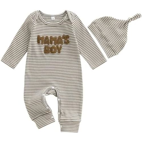 ZAXARRA Newborn Boy Stripe Romper Letter Embroidery Round Neck Jumpsuit with Hat Baby Spring Summer Fall Winter Clothes Set