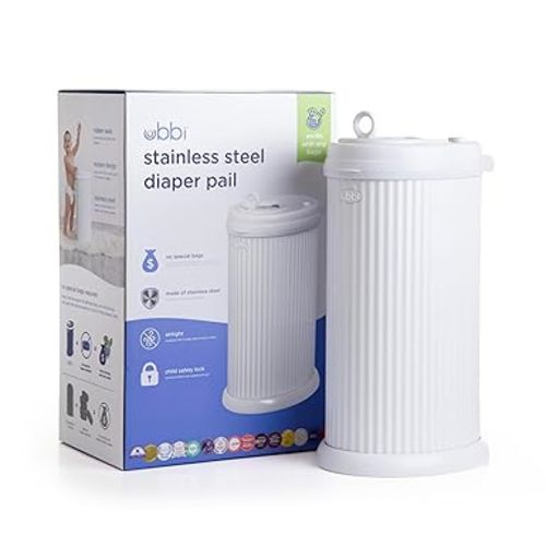 Ubbi Fluted Stainless Steel Diaper Pail, Odor Locking, No Special Bag Required, Award-Winning, Registry Must-Have, White