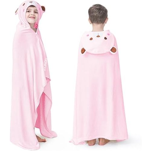 ZIONOR Hooded Bath Towel for Kids - 50''L x 35''W Extra-Large Hooded Towels for Big Kids 6-10, Kids Beach Towels Made from Bamboo Rayon, Suitable for Bath, Pool, Beach(Pink Bear)