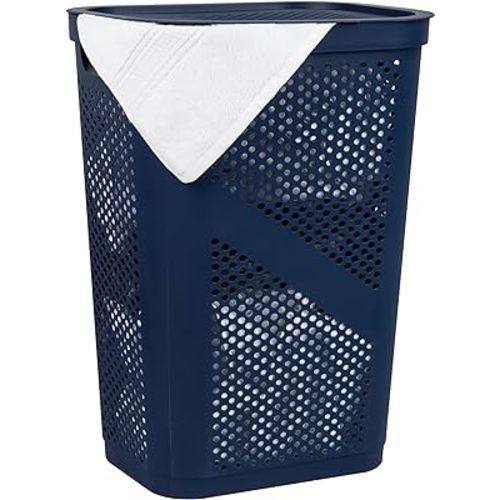 Mind Reader Slim Laundry Hamper with Lid, 60L Clothes Basket, Ventilated Plastic, Navy