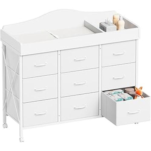 Baby Changing Table with 9 Fabric Drawers, Waterproof Diaper Changing Station & Pad, Mobile Nursery Diaper Changing Table, Baby Furniture, Bedroom, White