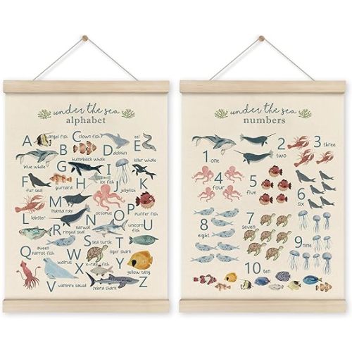 HRQKO Ocean Alphabet Poster Hanger Frame Set of 2, Ocean Nursery Decor, Sea Animal Wall Decor, ABC Poster Art with Wooden Frames, Alphabet Banner Wall Hanging Decor for Playroom Kids Room,12x16 Inch
