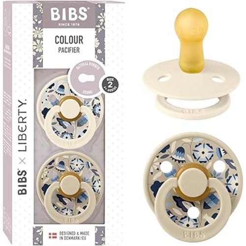 BiBS Liberty Pacifier 2-Pack, BPA Free Pacfiers with Natural Latex Round Nipple, Made in Scandinavia, Size 2 (6-18 Months), Bobo Ivory Mix