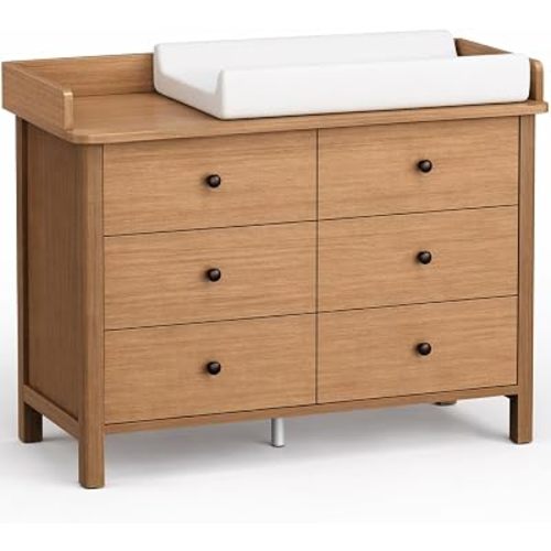 MAMAZING Keeva 6-Drawer Dresser with Changing Pad, Safety Anti-Tip Structure & Adjustable Feet, Wood Dressers with Wipeable Surface, Walnut Dresser for Bedroom, Kids & Nursery Storage Chest