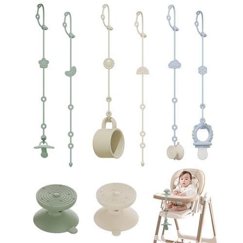 6 Pack Silicone Baby Toy Straps with 2 pcs Suction Cup Bases, Silicone Pacifier Clips Pacifier Holder, Tether Pacifier Clip,Adjustable Toy Holder for Stroller Accessories, Car Seat, Highchair,Crib (A)