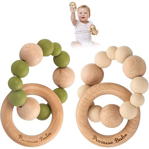 Promise Babe Silicone & Beech Baby Teether Retro Color Bracelet 2pc Set Wooden Nursing Bracelet
