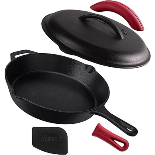 Cuisinel Cast Iron Skillet with Lid - 12"-inch Pre-Seasoned Covered Frying Pan Set + Silicone Handle & Lid Holders + Scraper/Cleaner - Indoor/Outdoor, Oven, Stovetop, Camping Fire, Grill Safe Cookware