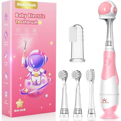 Toddler Electric Toothbrush Kids Age 1-2-3 Years Old, Infants & Baby Electric Toothbrush with Finger Tooth Brush, Cute Cover, LED Light, 2 Minutes Timer, 4 Brush Heads, Suction Cup (Pink Astronaut)
