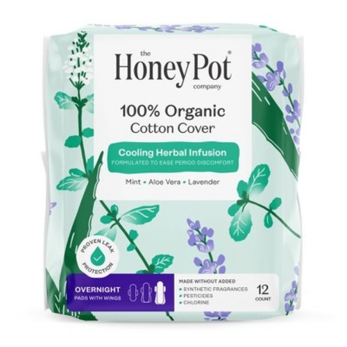 Honey Pot 100% Organic Cotton Cover Cooling Herbal Infusion Overnight Pads - 12 ct